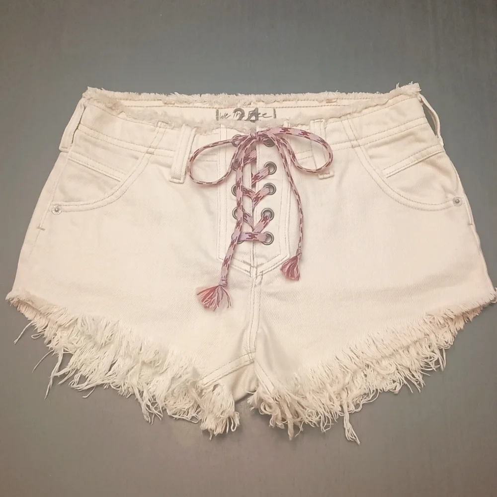 Free People Oversized Becket Lace-Up CutOff Denim Shorts in Salty